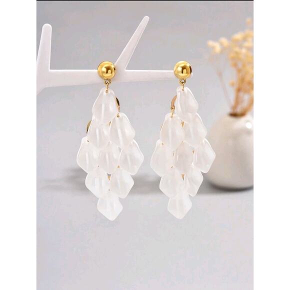 White Geometric Tassel & Leaf Dangle Earrings for Women -Simple & Elegant Design - Picture 2 of 8